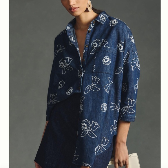 Anthropologie Maeve Oversized Embroidered Shirt size XS/S - Picture 3 of 8
